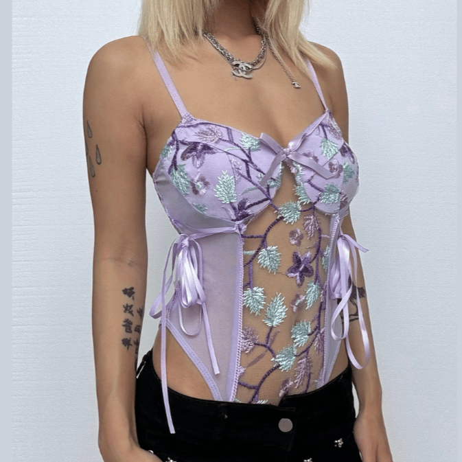 Flower embroidery bowknot mesh lace up cami bodysuit  | Festival Outfits Women