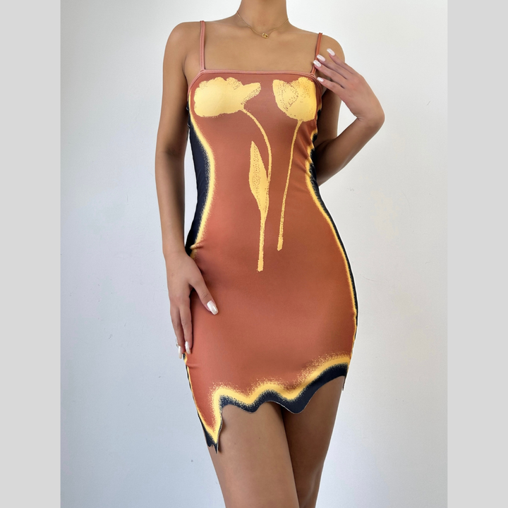 Square neck flower pattern irregular cami mini dress  | Festival Outfits Women