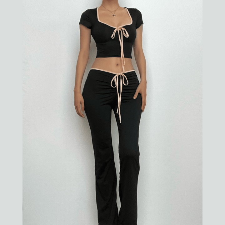 Contrast self tie v neck short sleeve low rise pant set