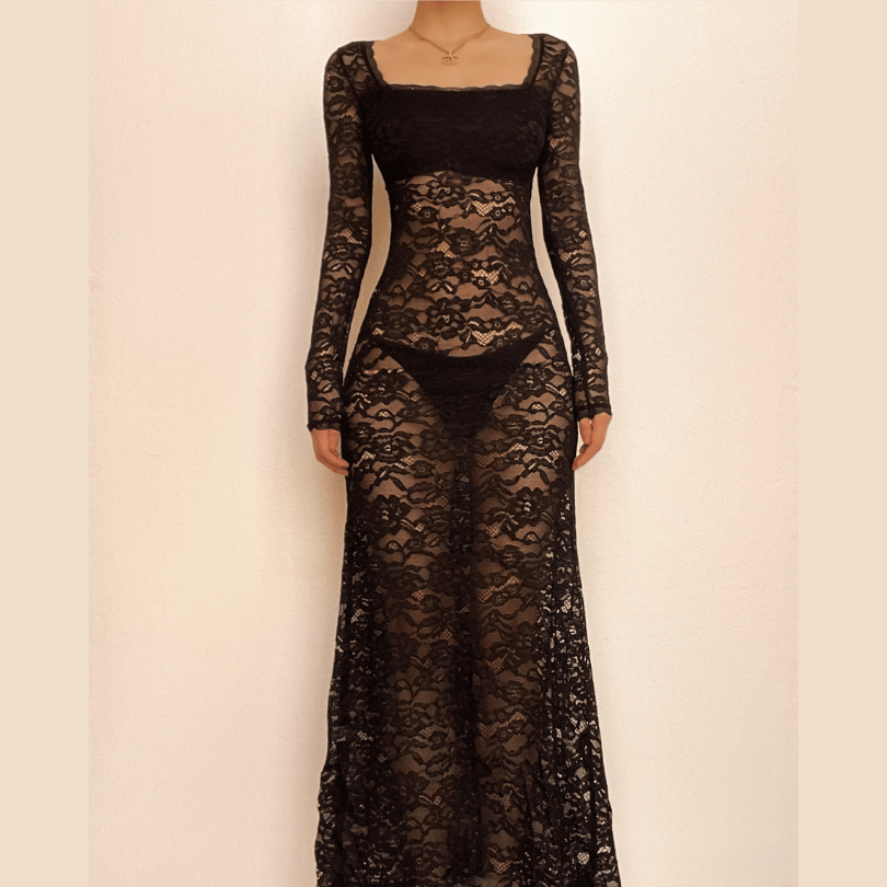 Lace see through square neck long sleeve zip-up solid maxi dress-final-sale  | Festival Outfits Women