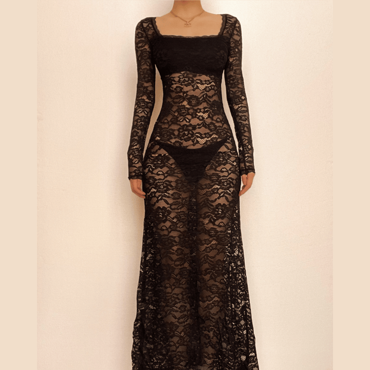 Lace see through square neck long sleeve zip-up solid maxi dress-final-sale  | Festival Outfits Women