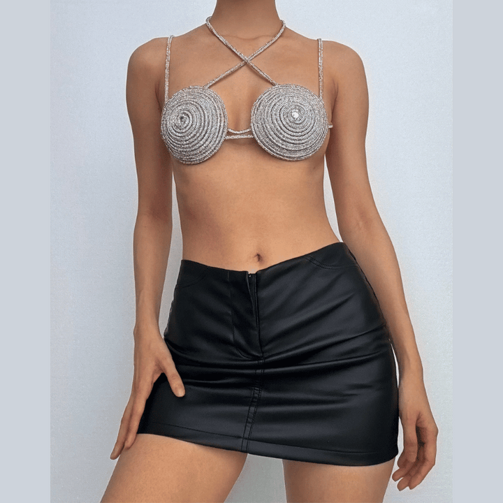 Halter beaded metal chain contrast bra top  | Festival Outfits Women