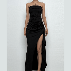 Ruched high slit irregular ruffle tube maxi dress  | Festival Outfits Women