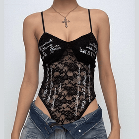 Lace v neck letter print button cami bodysuit  | Festival Outfits Women