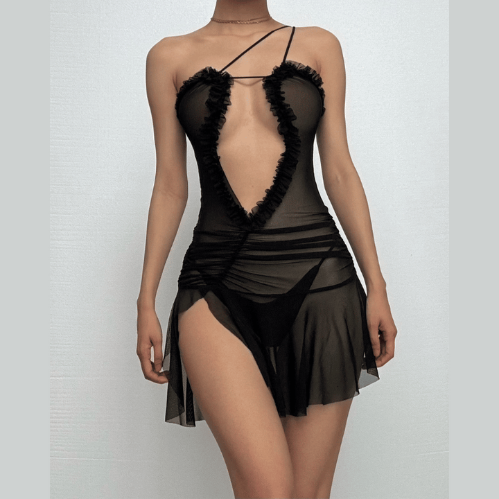 Ruched ruffle slit sheer mesh hollow out cami cut out mini dress-final-sale