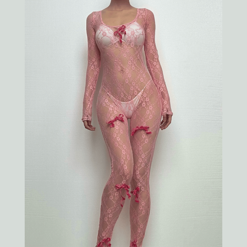 Long sleeve see through bowknot lace jumpsuit-final-sale  | Festival Outfits Women