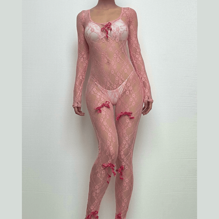 Long sleeve see through bowknot lace jumpsuit-final-sale  | Festival Outfits Women