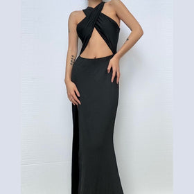 Hollow out cross front slit solid cut out maxi dress  | Festival Outfits Women