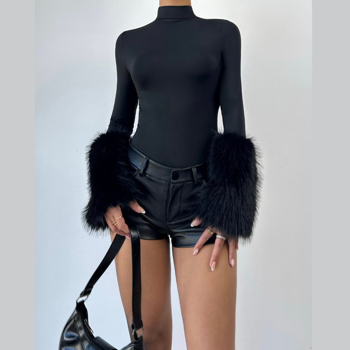 Long sleeve fluffy crewneck button bodysuit  | Festival Outfits Women