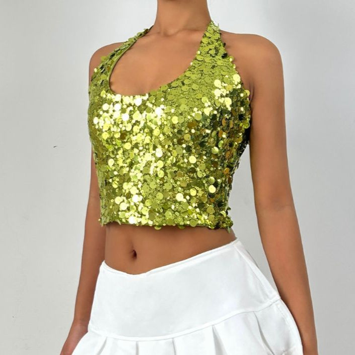 Halter glitter backless self tie top  | Festival Outfits Women