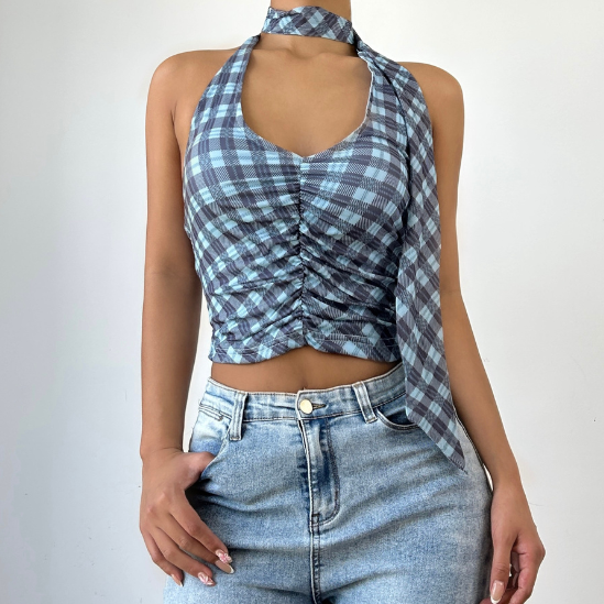 Halter u neck plaid ruched backless top  | Festival Outfits Women-final-sale