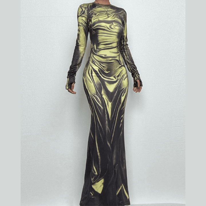 Long sleeve crewneck ruched print maxi dress-final-sale