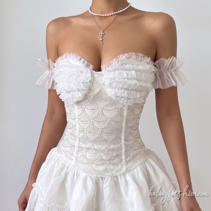 Off shoulder ruffle glitter ruched tube top