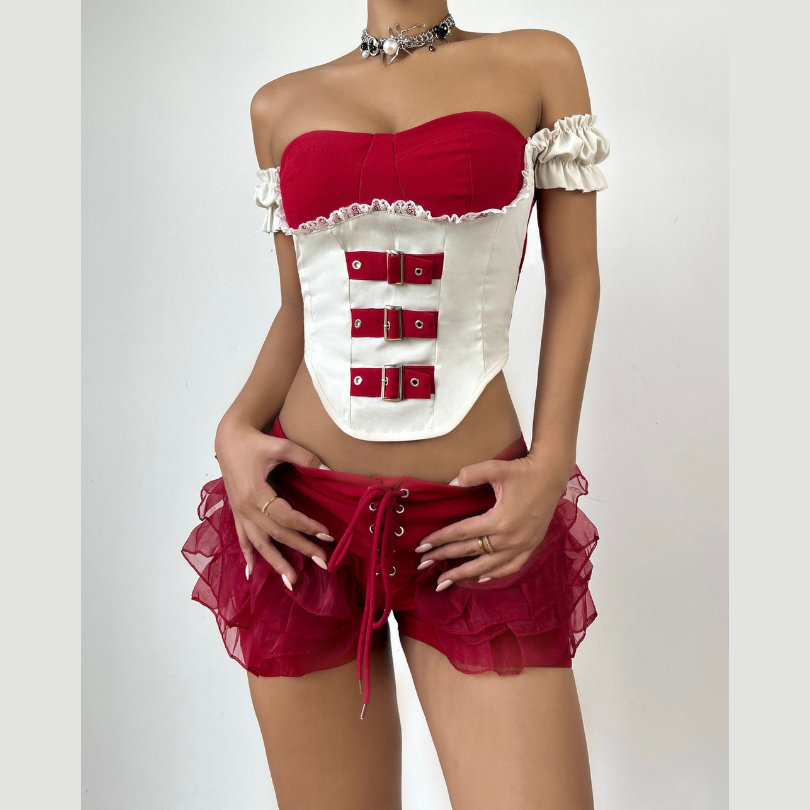 Off shoulder buckle ruffle lace up short pant set  | Festival Outfits Women