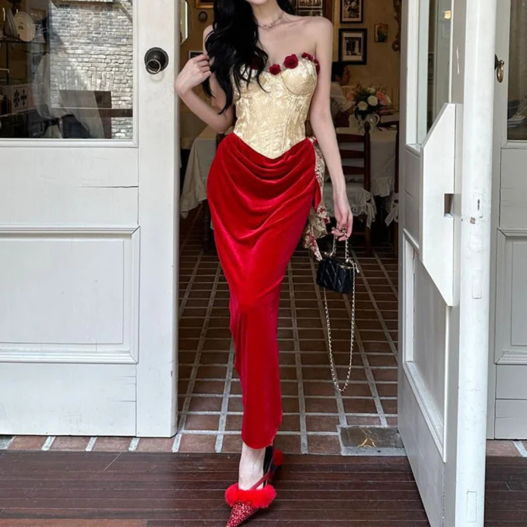 Sweetheart neck bustier flower applique contrast tube maxi dress  | Festival Outfits Women