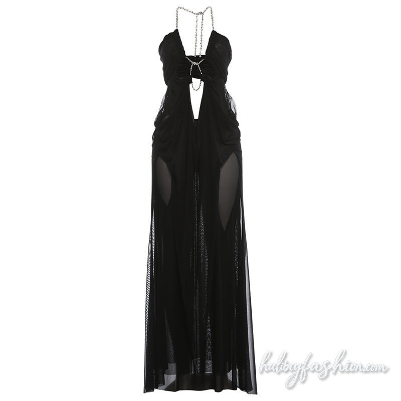 Halter hollow out mesh ruched solid maxi dress
