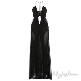 Halter hollow out mesh ruched solid maxi dress