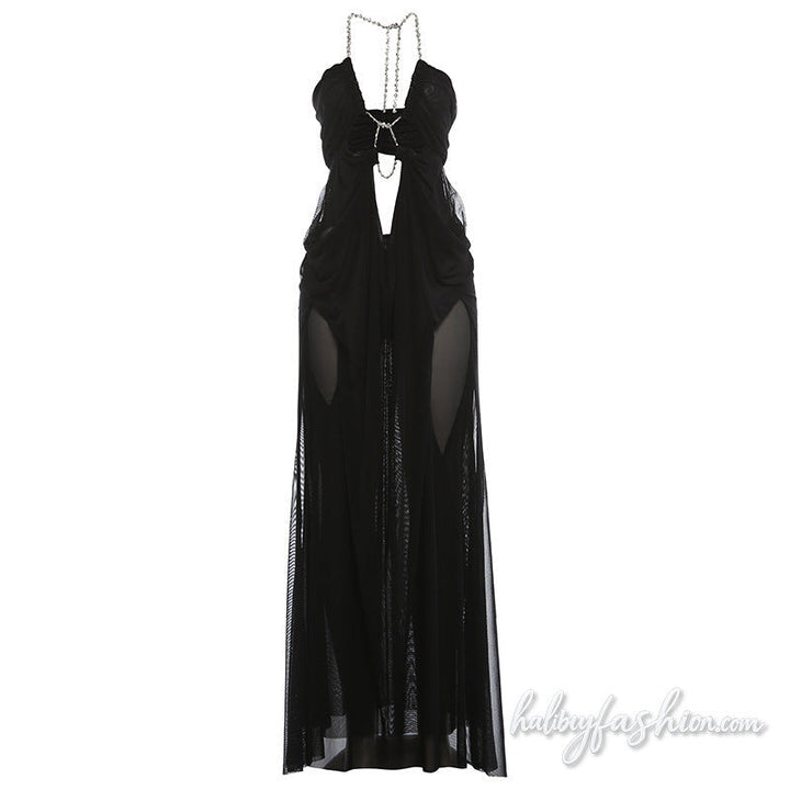 Halter hollow out mesh ruched solid maxi dress