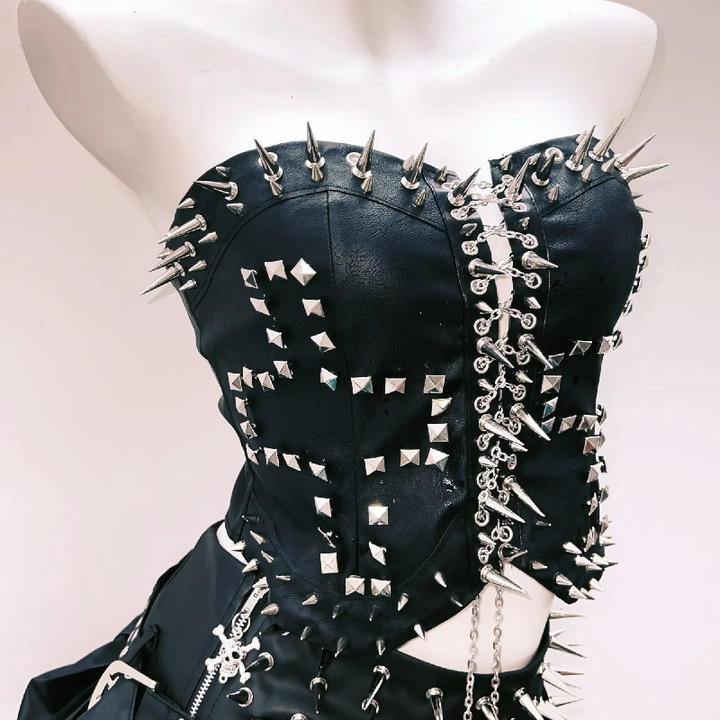 Metal chain lace up rivet applique tube top  | Festival Outfits Women