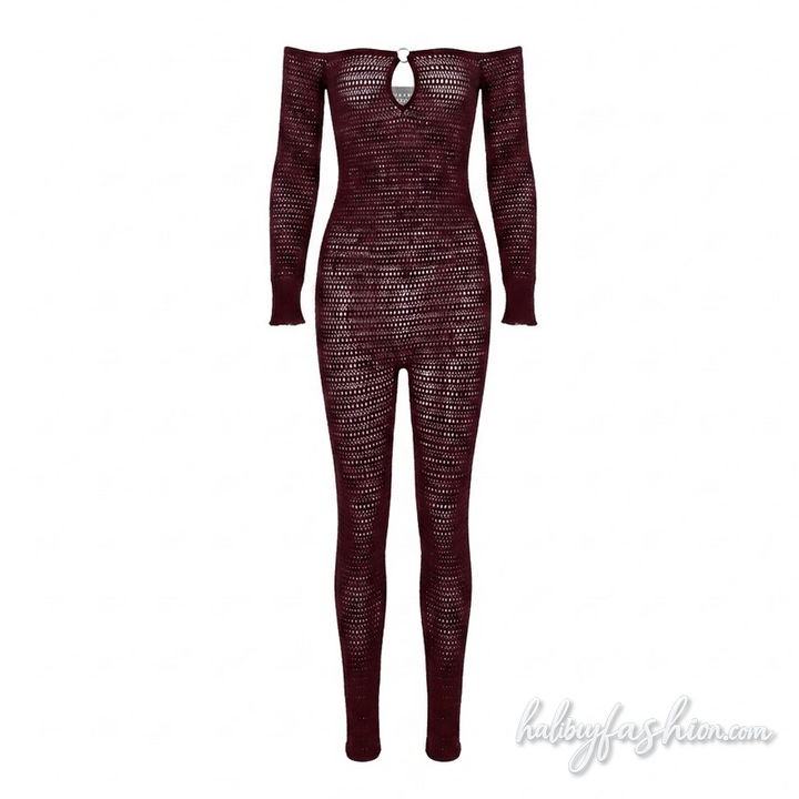 Off shoulder long sleeve hollow out o ring jumpsuit