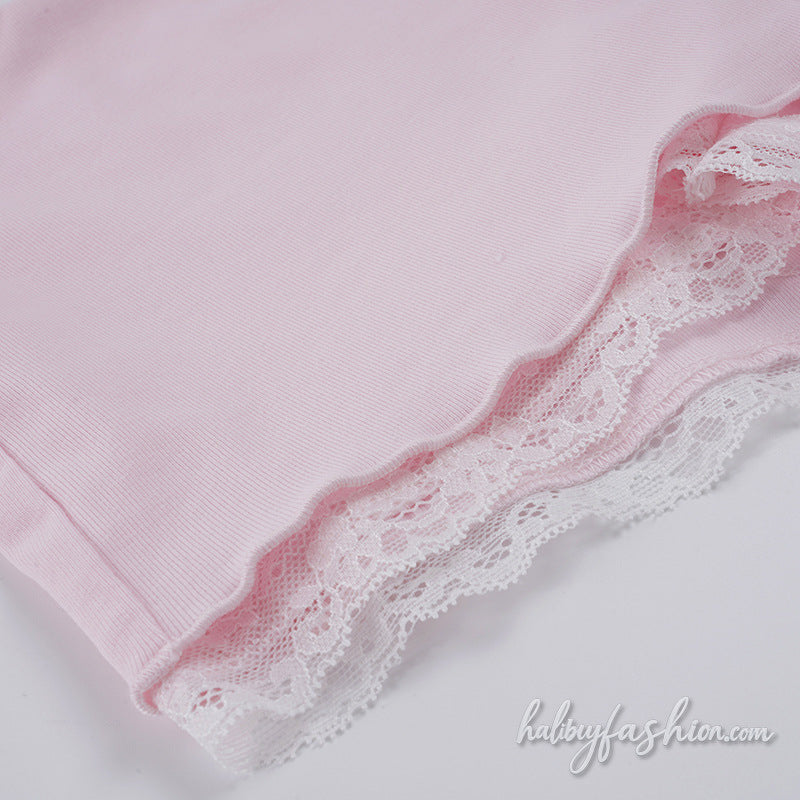 Long sleeve lace hem bowknot v neck mini skirt set