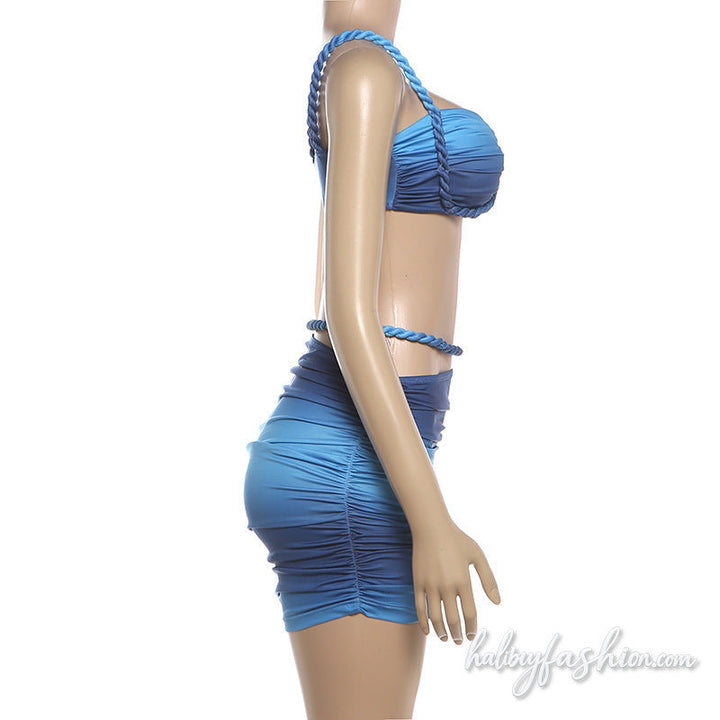 Ruched v neck gradient hollow out cami mini skirt set