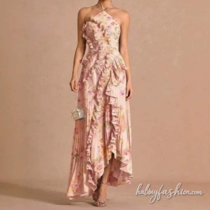 Halter self tie ruffle irregular print ruched maxi dress - Halibuy