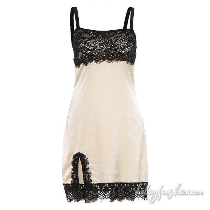 Square neck lace hem irregular slit cami mini dress - Halibuy