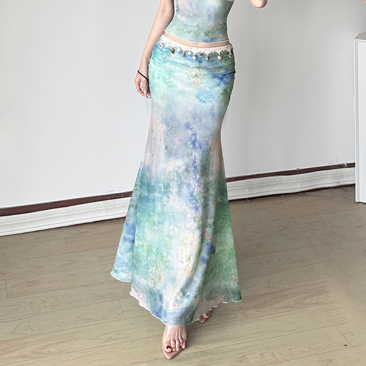 Ruched print glitter contrast maxi skirt  | Festival Outfits Women