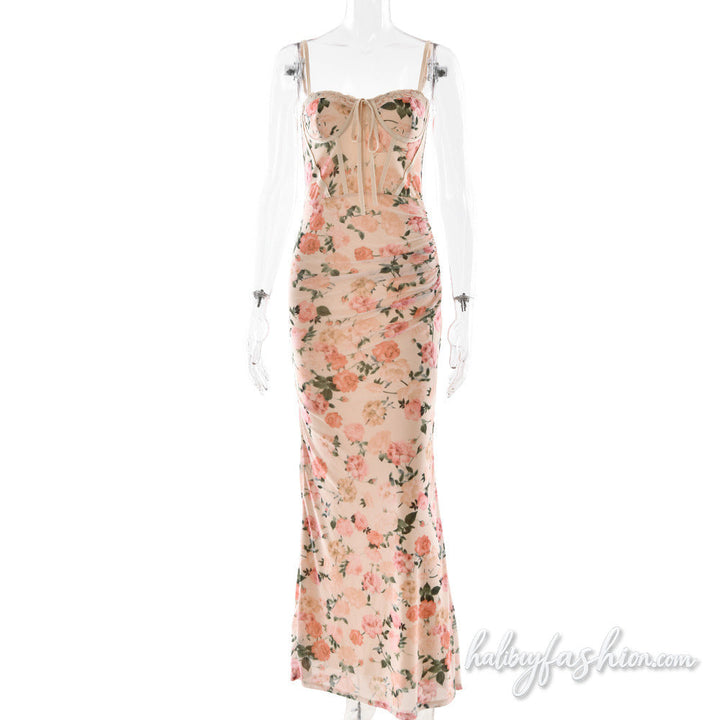 Ruched flower print lace hem mesh cami maxi dress