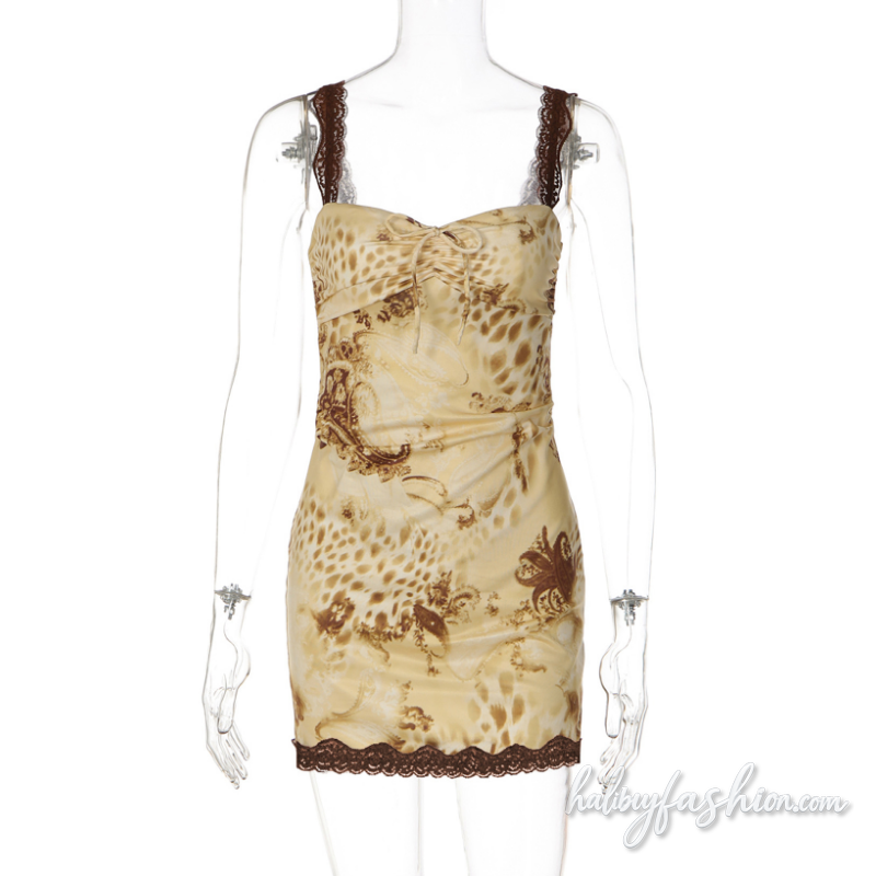 Lace hem ruched self tie print backless cami mini dress - Halibuy - 2