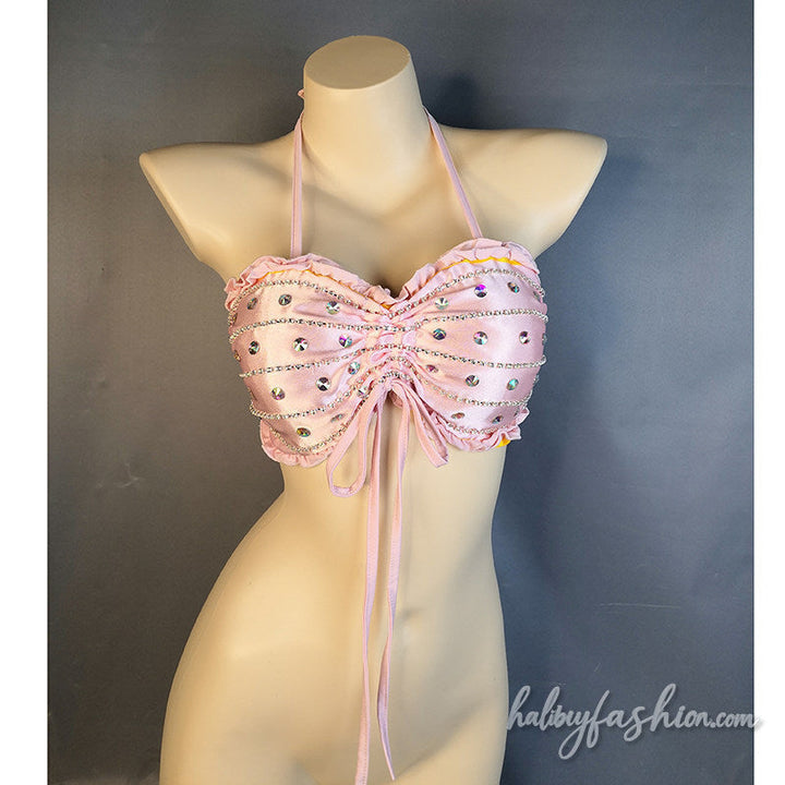 Beaded drawstring ruffle cami top