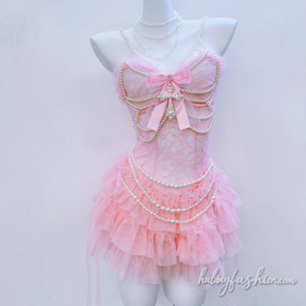 Bowknot beaded lace ruffle v neck mini dress