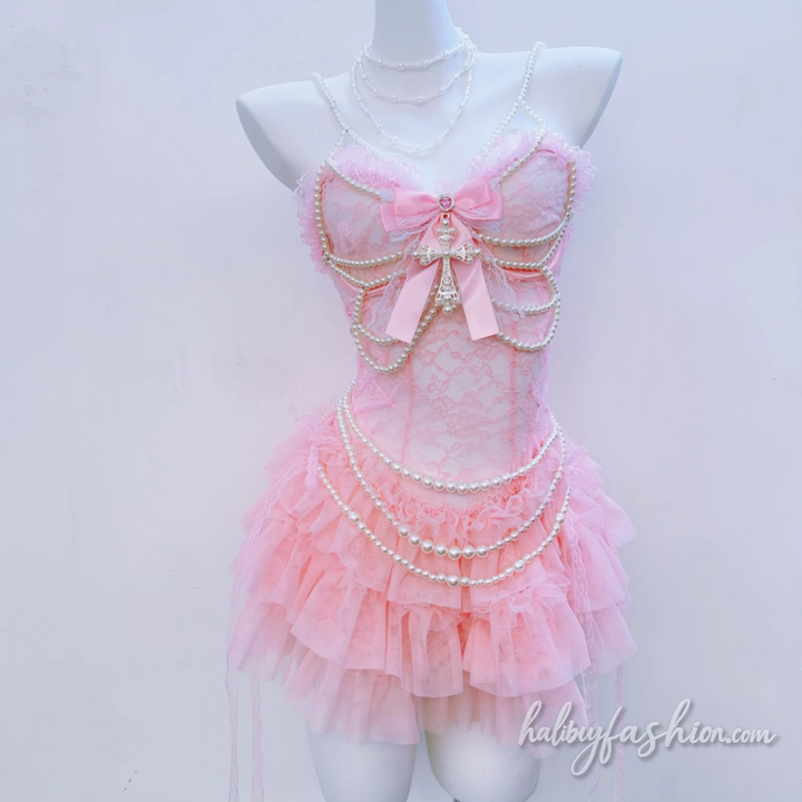 Bowknot beaded lace ruffle v neck mini dress