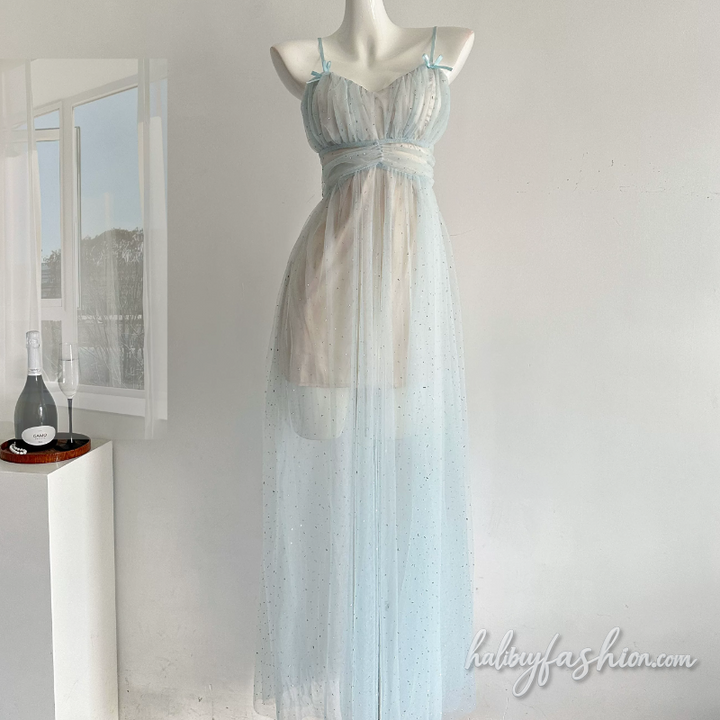 Bowknot beaded mesh ruched v neck cami maxi dress - Halibuy