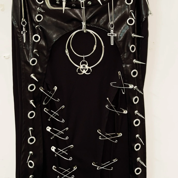 Rivet high slit o ring PU leather patchwork maxi skirt Cargo Mini Skirt  | Festival Outfits Women