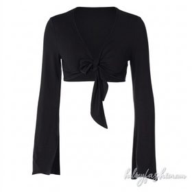 Long sleeve self tie v neck solid crop top