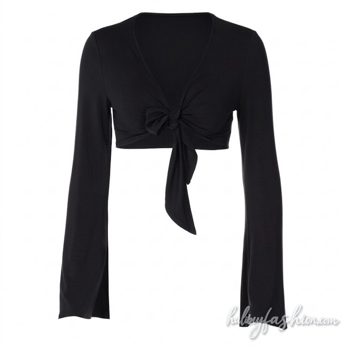 Long sleeve self tie v neck solid crop top