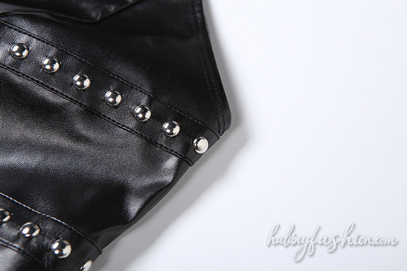 Halter zip-up PU leather hollow out backless top