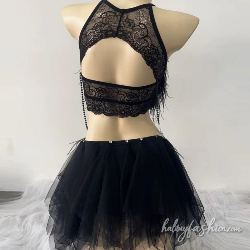 Feather hollow out beaded mini skirt set