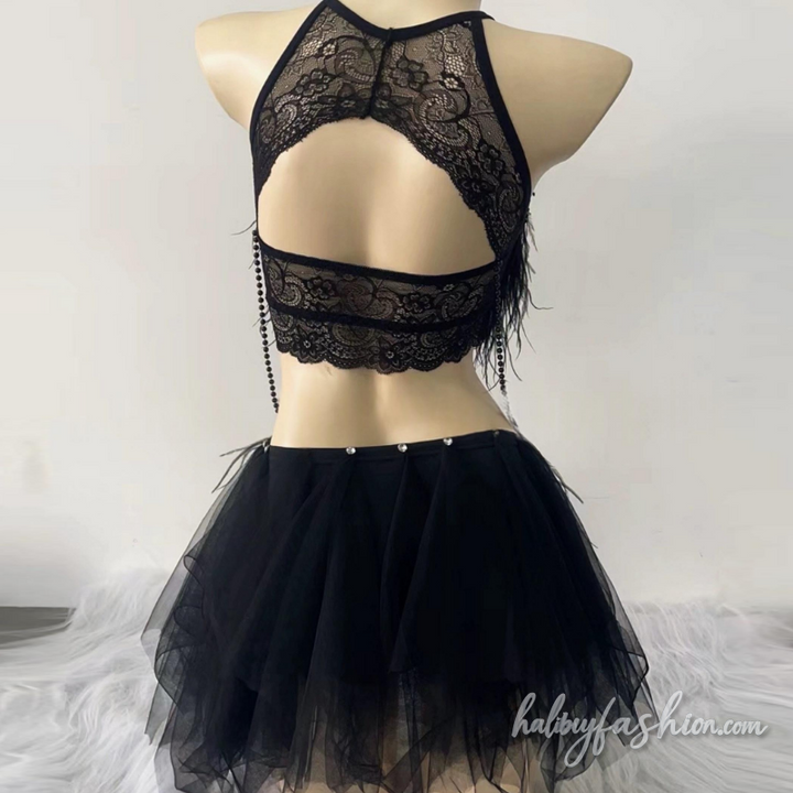 Feather hollow out beaded mini skirt set