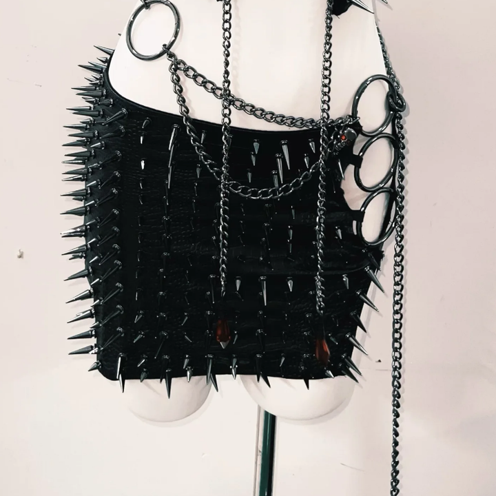 Metal chain o ring rivet applique mini skirt set-final-sale