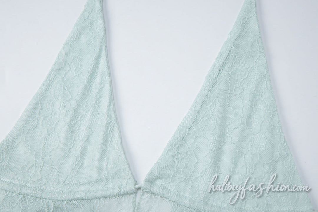 V neck self tie halter lace backless top - Halibuy - 6