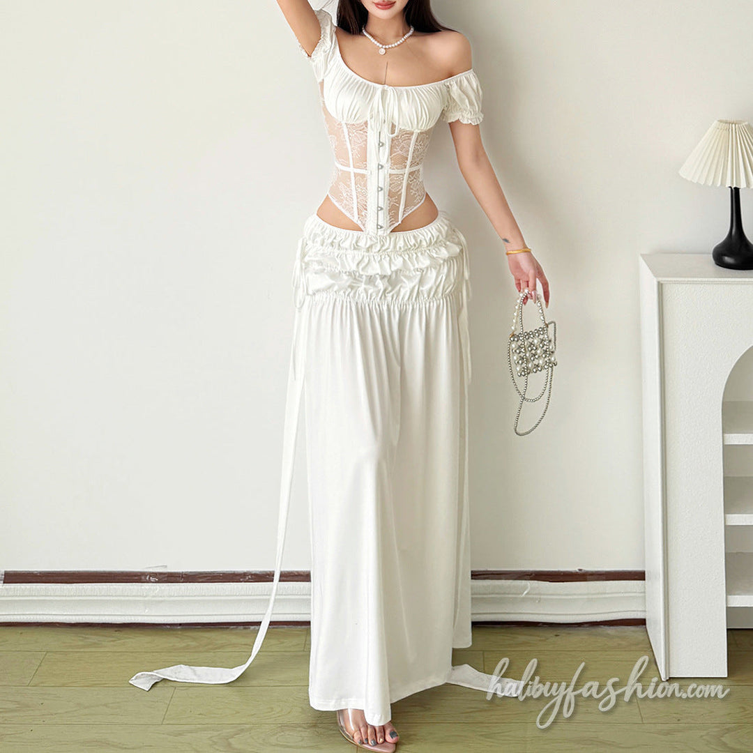 Ruched drawstring solid maxi skirt