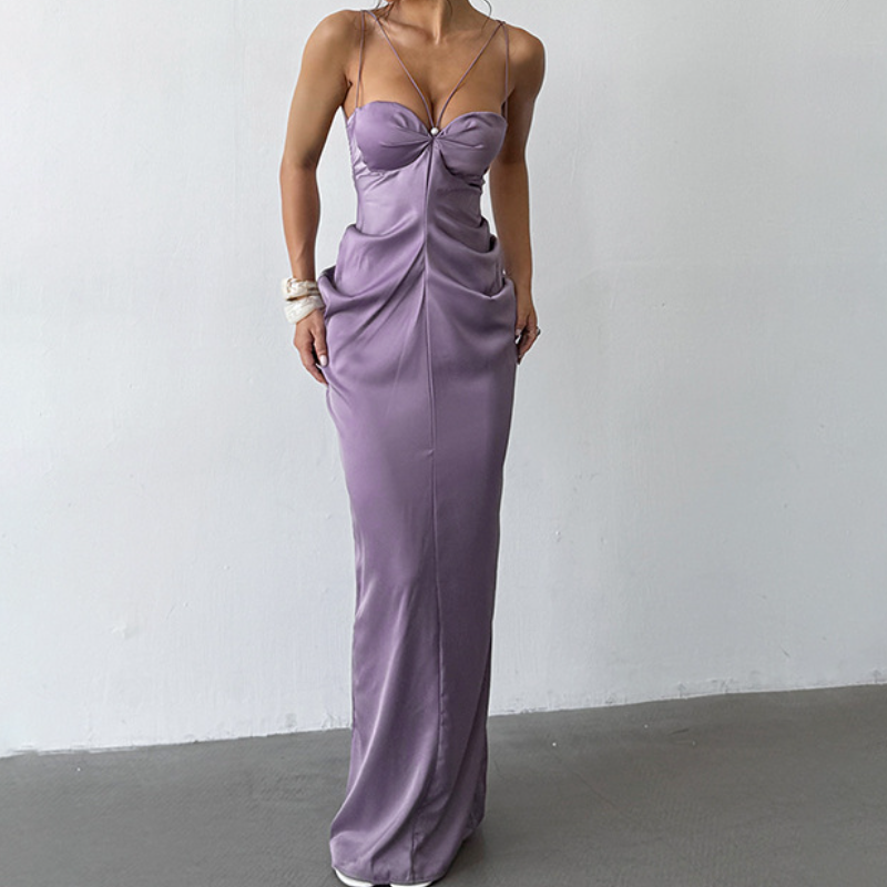 Padded satin ruched backless cami maxi dress  | Festival Outfits Women-final-sale