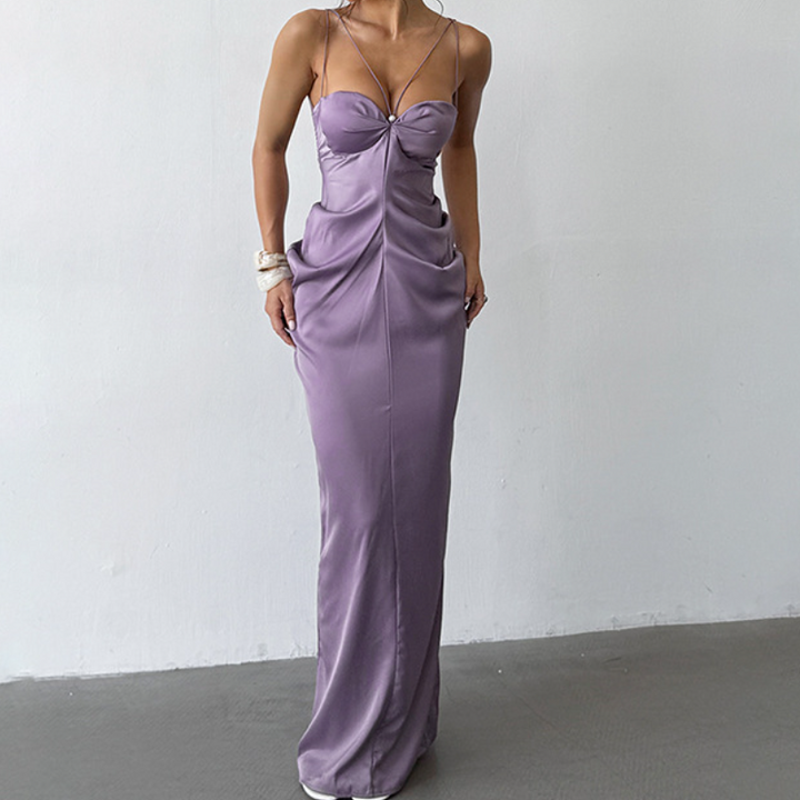 Padded satin ruched backless cami maxi dress  | Festival Outfits Women-final-sale