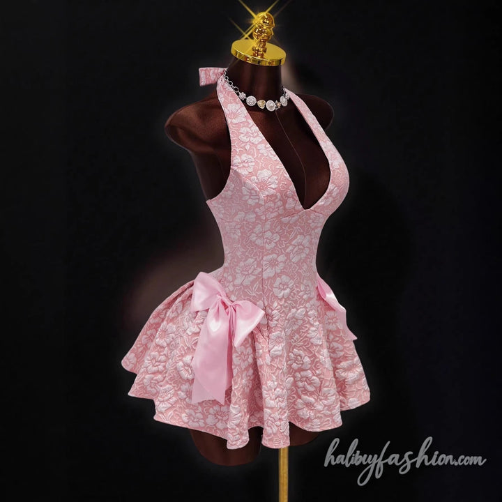 Bowknot halter self tie v neck backless mini dress