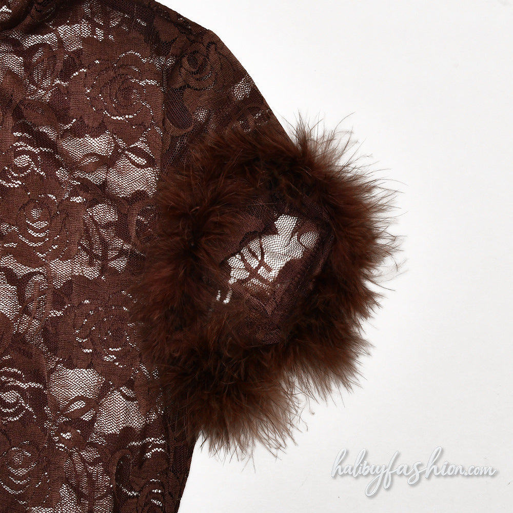 Crewneck short sleeve fluffy lace see through top - Halibuy - 5
