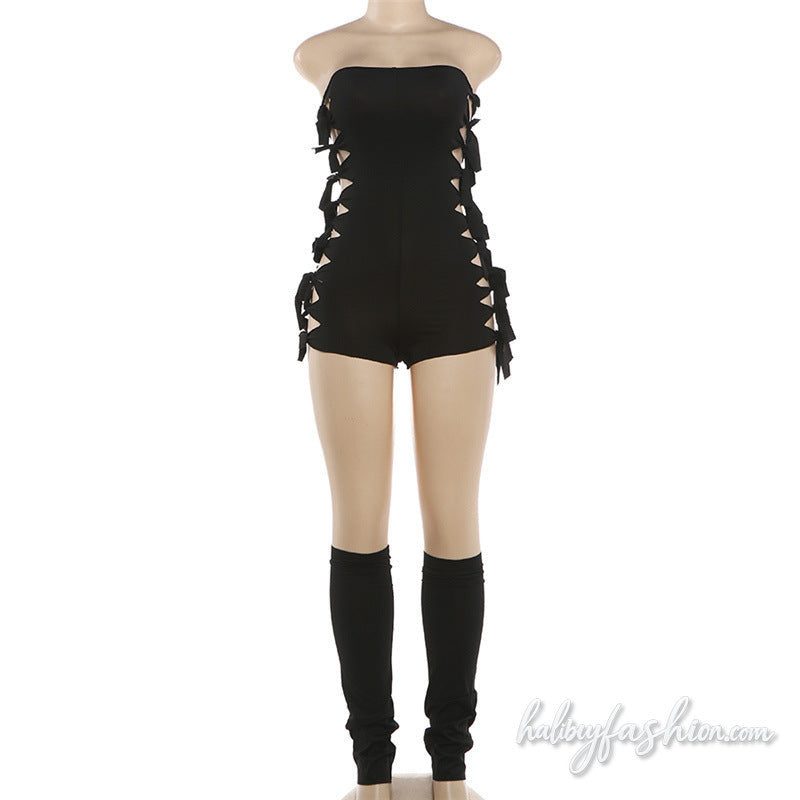 Hollow out self tie backless solid tube romper