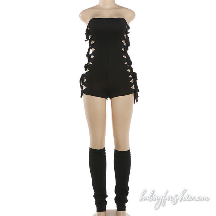 Hollow out self tie backless solid tube romper
